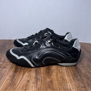 Salvatore Ferragamo black and silver leather and suede sneakers size 7.5